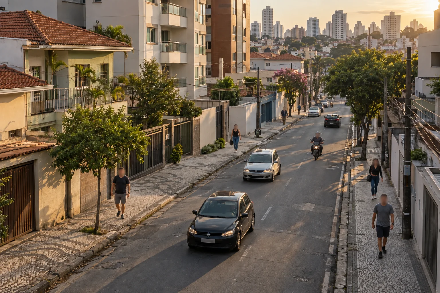 Vista de câmera fixa sobre uma rua com casas, edifícios e circulação de pessoas