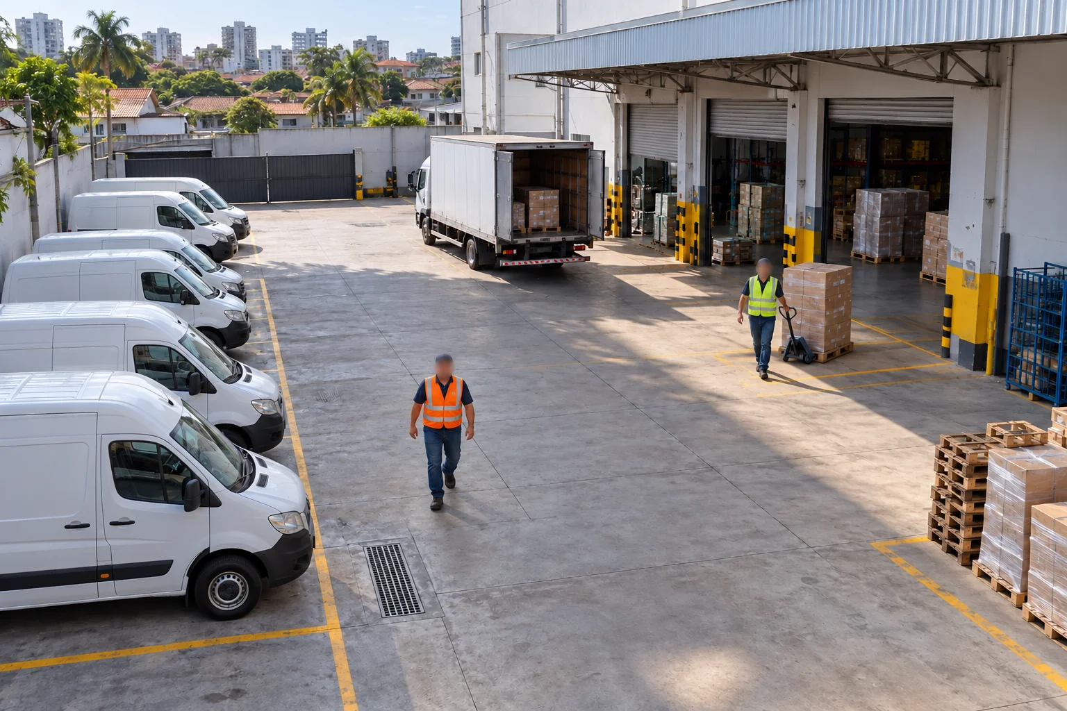 Área de carga de uma empresa com veículos e equipe em circulação