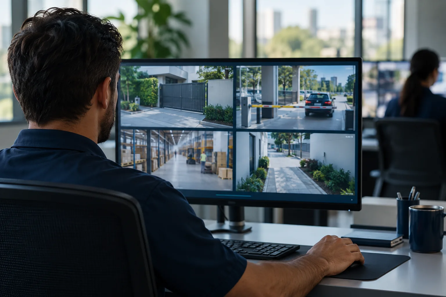 Cena ilustrativa de um operador acompanhando diferentes câmeras em um monitor