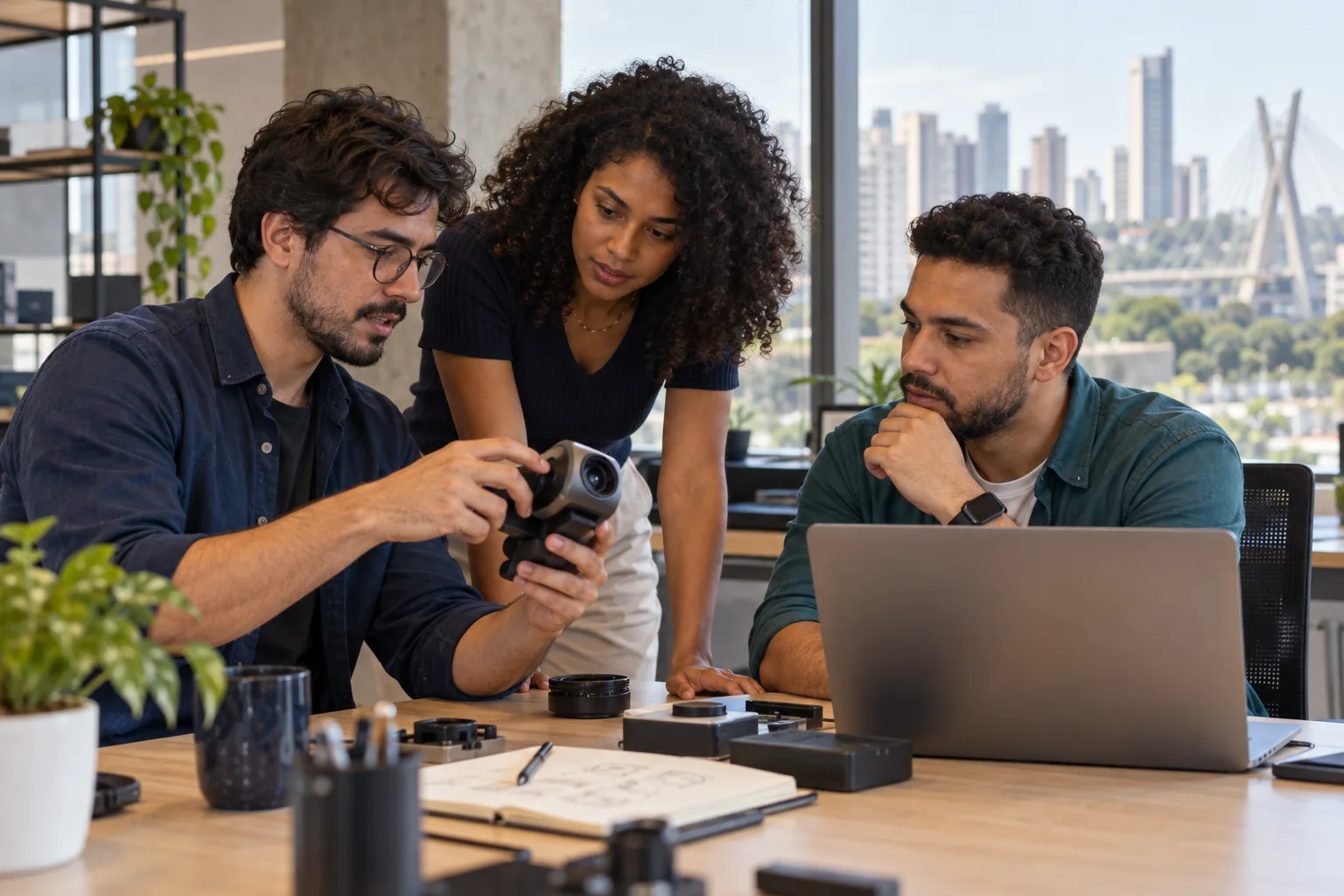 Equipe ilustrativa colaborando no desenvolvimento de tecnologia para câmeras