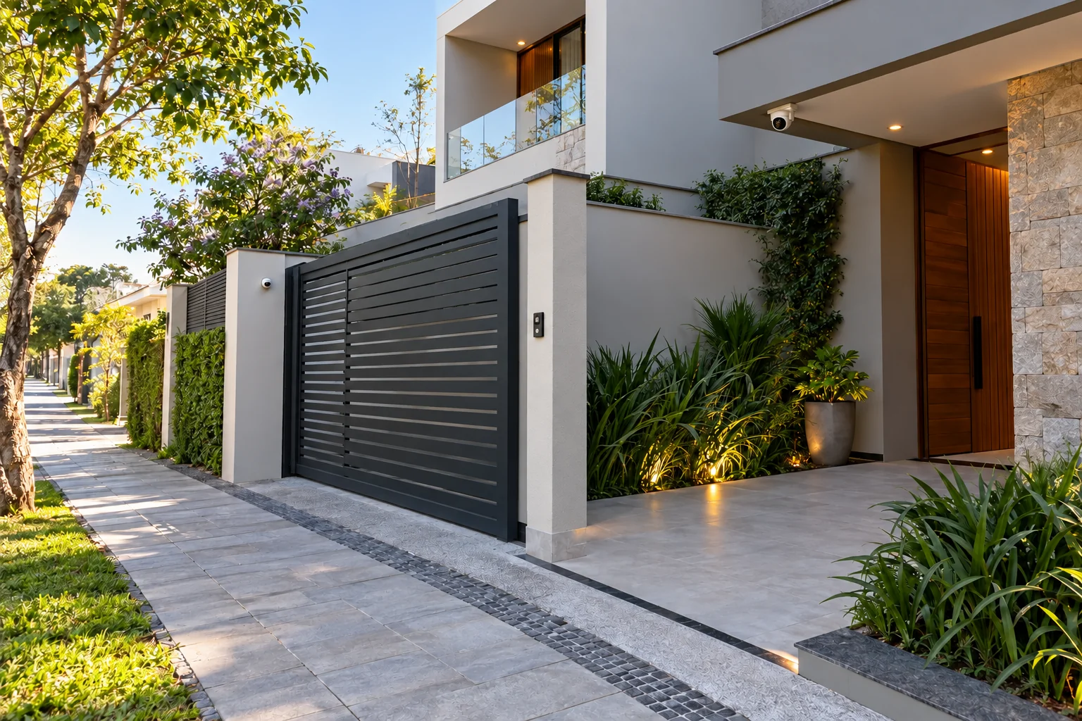 Portão e jardim de uma residência com câmera de segurança