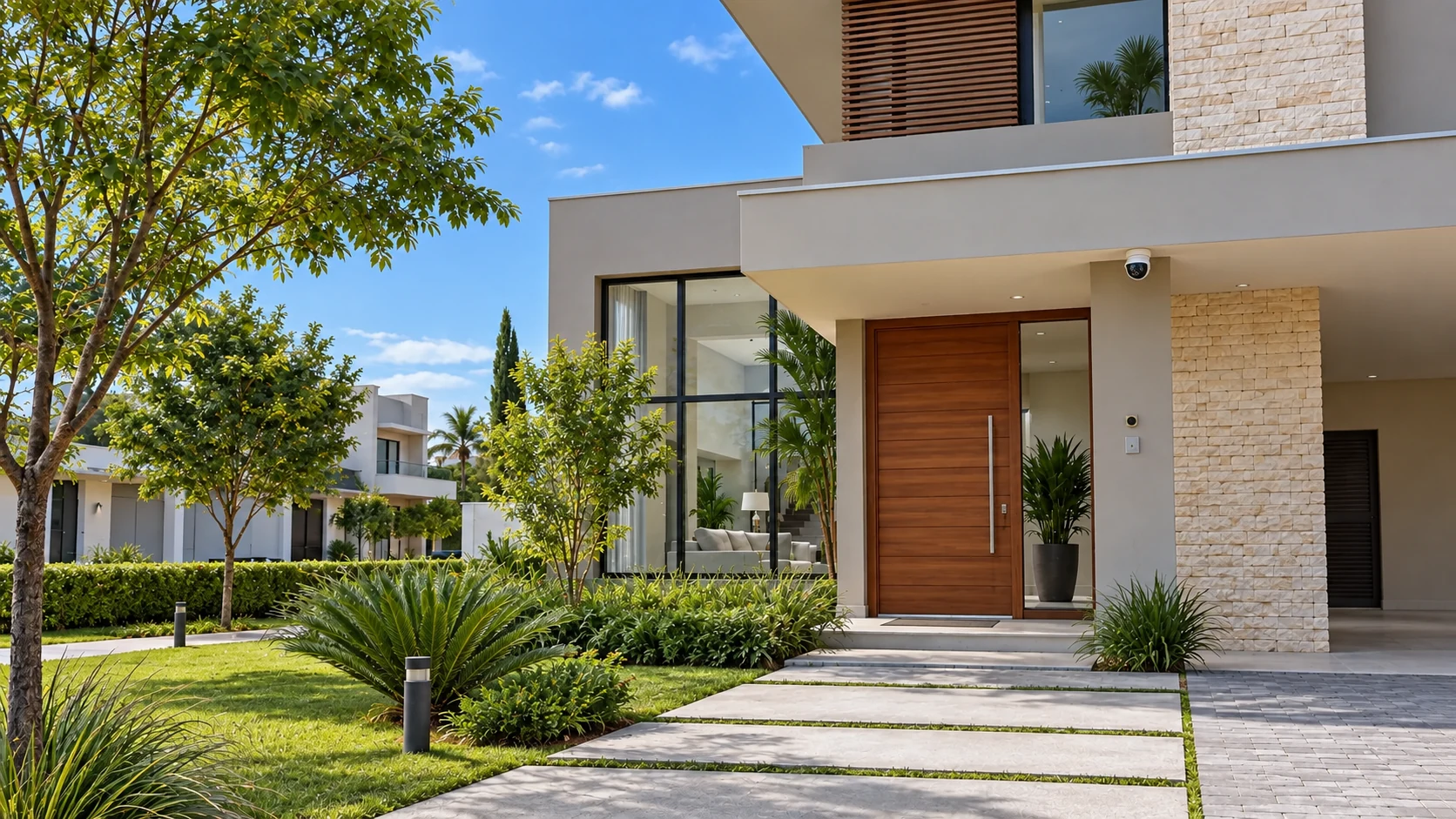 Residência contemporânea com câmera de segurança em manhã ensolarada